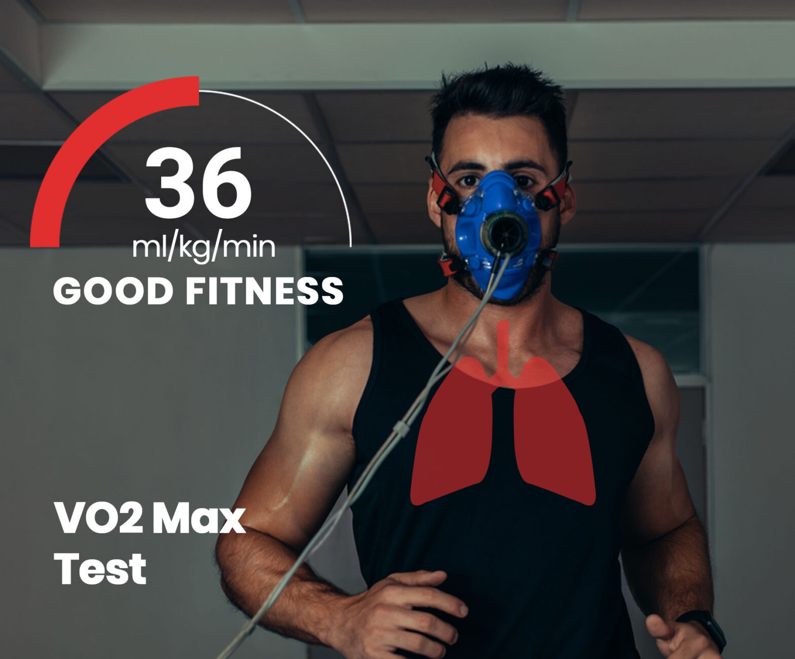 Middle-aged man doing a VO2 Max Test on a treadmill in a black tank top.